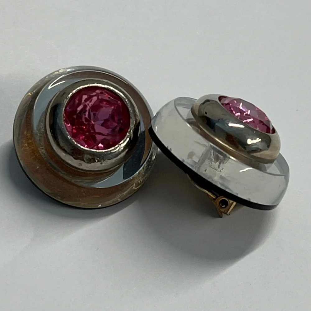 Diva Vintage Clear Lucite Pink Tourmaline Stone Silverplate Bezel Clip Earrings